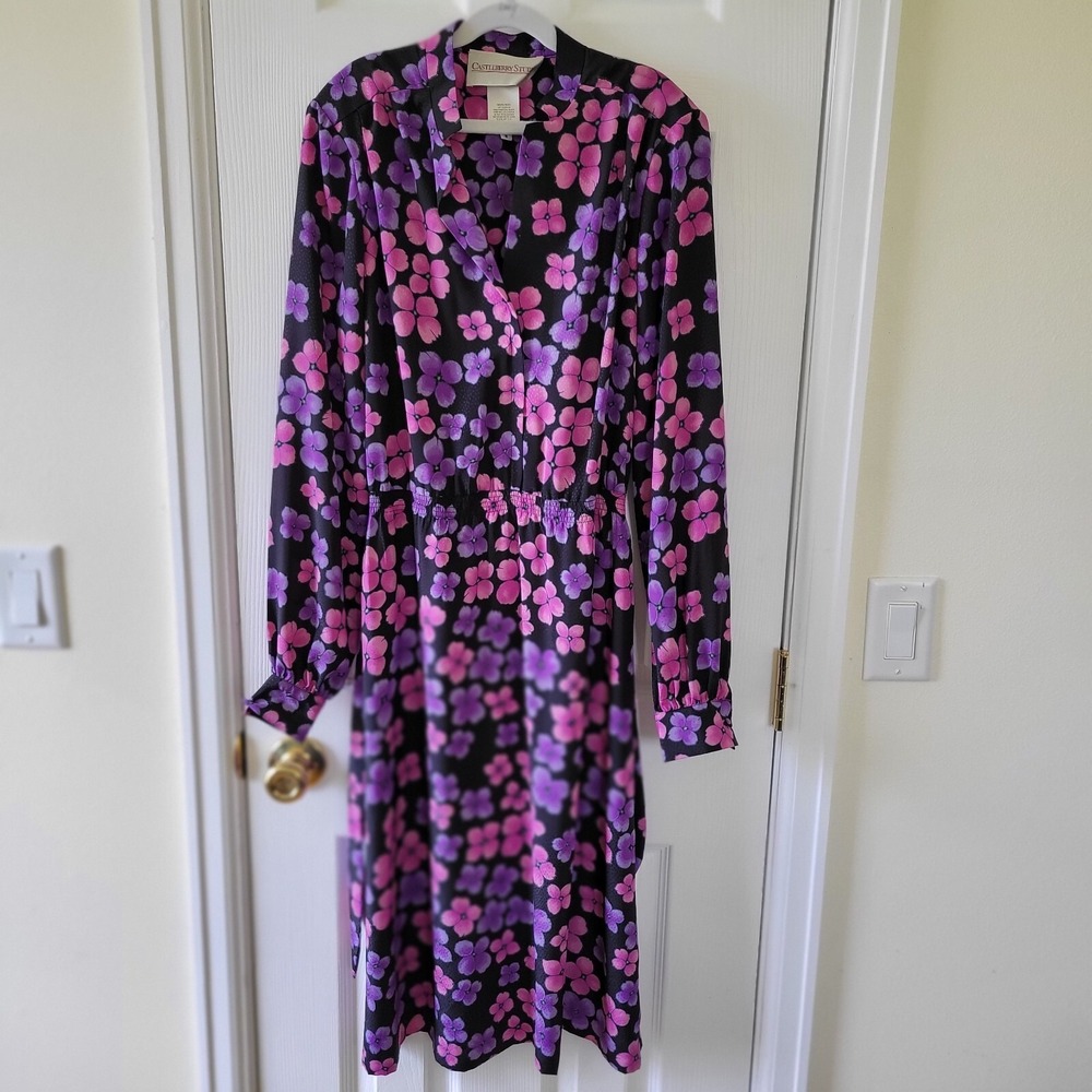 Castleberry‎ Studio Vintage Floral Midi Dress Pink Purple Black Elastic Waist 8